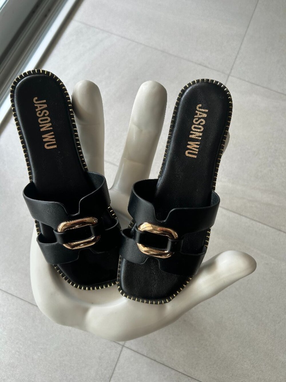 Jason Wu Black Slide Sandals With Gold Metal Detailing Size 9.5